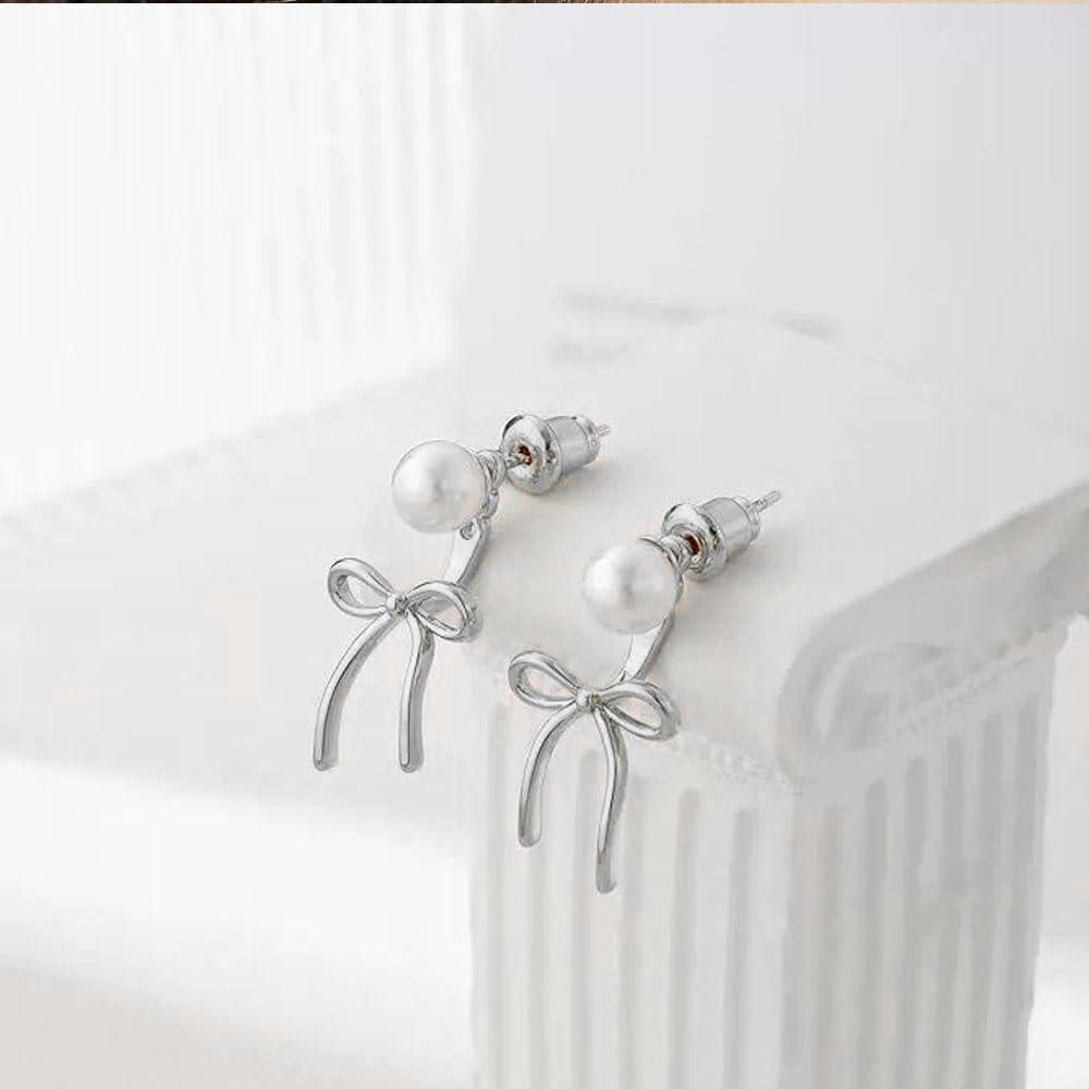 Exquisite Pearl Bow Stud Earrings Minimalist Ribbon Bowknot Earrings Cute Pearl Butterfly Knot Front Back Earring Simple Daily Jewelry Accessories - Image 5