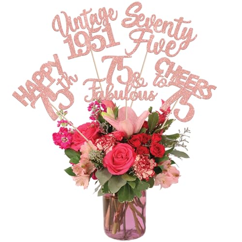 Image of 15 PCS 75th Birthday Centerpiece Sticks Seventy Five Happy 75th Vintage 1951 Table Flower Centerpieces Sticks Cheers to 75 Fabulous Floral Decorations for 75th Birthday Party Supplies Rose Gold