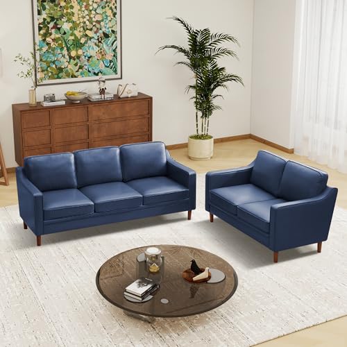 Image of Kingfun Couch Sets for Living Room, 3 Seater Couch and Loveseat, Mid Century Modern Sofa Set, Faux Leather Couch with Solid Wood Frame for Bedroom