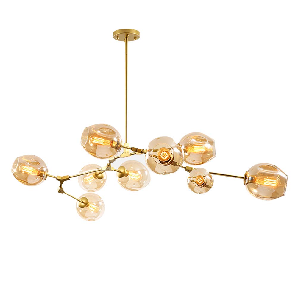 KLXSIVU Adjustable Height Matte Black Chandelier - 9-Light Nordic Glass Ball Pendant Light with Hand-Blown Amber Gold Globes Mid Century Modern Fixture, E26 Compatible