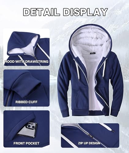 Image of V VALANCH Men Hoodies Zip Up Sherpa Lined Sweatshirts Heavyweight Thick Warm Fleece Winter Jacket