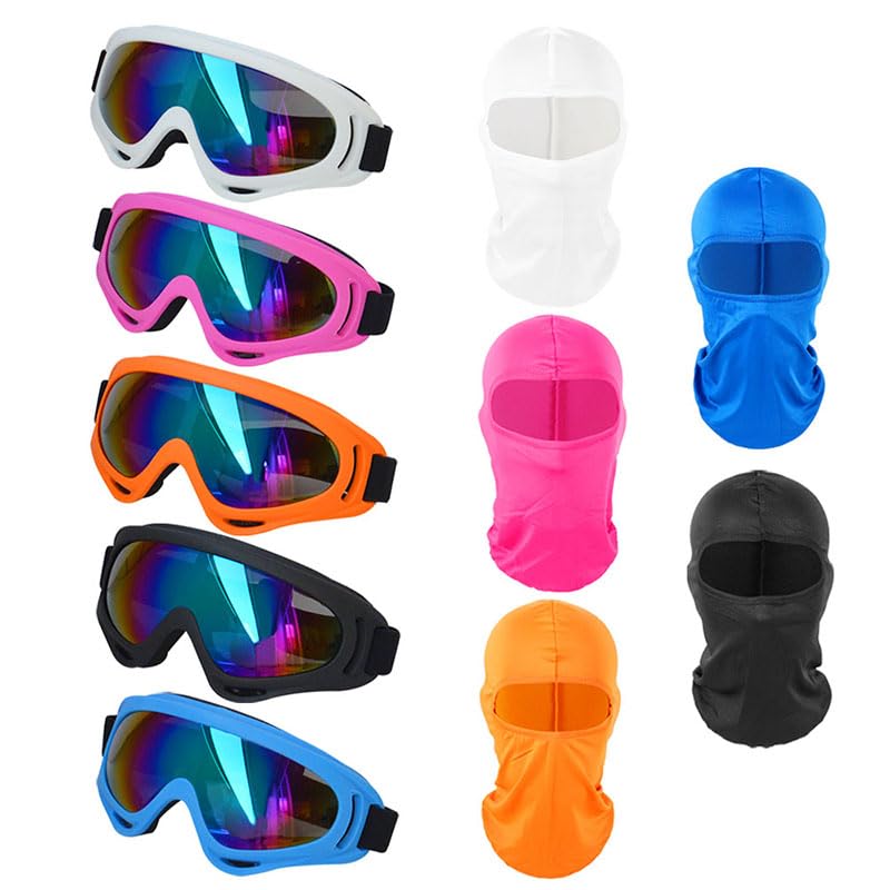 5 szt. gogli motocyklowych z 5 szt. kominiarki, maski taktyczne chroniące przed promieniowaniem UV, gogle do jazdy na snowboardzie, dla dorosłych, mężczyzn, kobiet, młodzieży, 5 szt