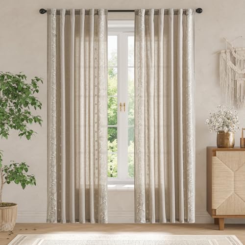 Image of jinchan Taupe Floral Linen Curtains for Living Room 84 inch Back Tab 2 Panels