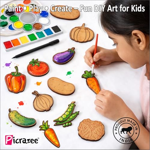 Image of Picrazee DIY Kit for Kids & Adults - Vegetable Fridge Magnet Painting Kit (11 Designs) | Ready-to-Paint 5.5 mm Thick Wooden DIY Craft Kit with Colors, Brushes & Magnets | Screen-Free Activity (Vegetables)