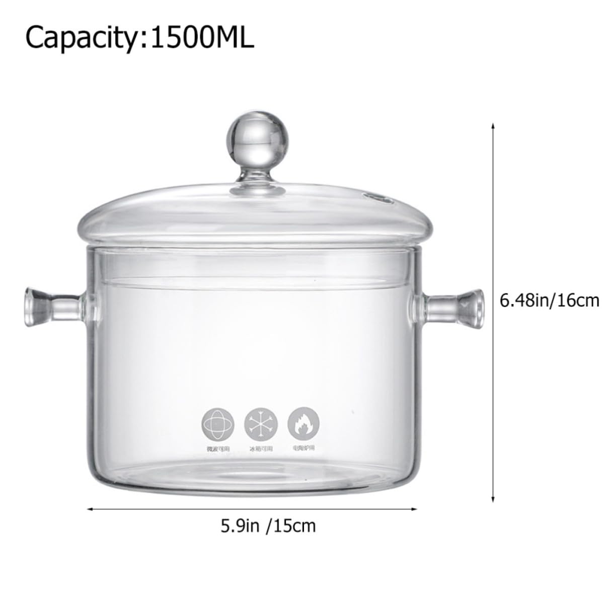 Olla de Sopa de Vidrio 1500ml Doble Asa para Cocinar