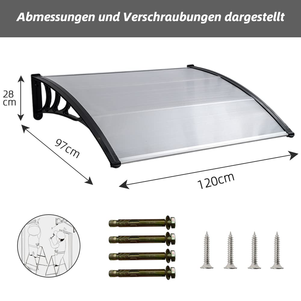 Mingone Vordach für Haustür Überdachung 120x100cm Haustürdach Pultvordach Aluminium und Polycarbonat Transparentes Sonnenschutz Regenschutz