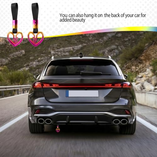 Image of 2PCS Heart Shaped Car Handle Straps, Rear Bumper Warning Keychain Ring for Car Exterior Accessories (Chrome Rainbow Broken Heart - Black)