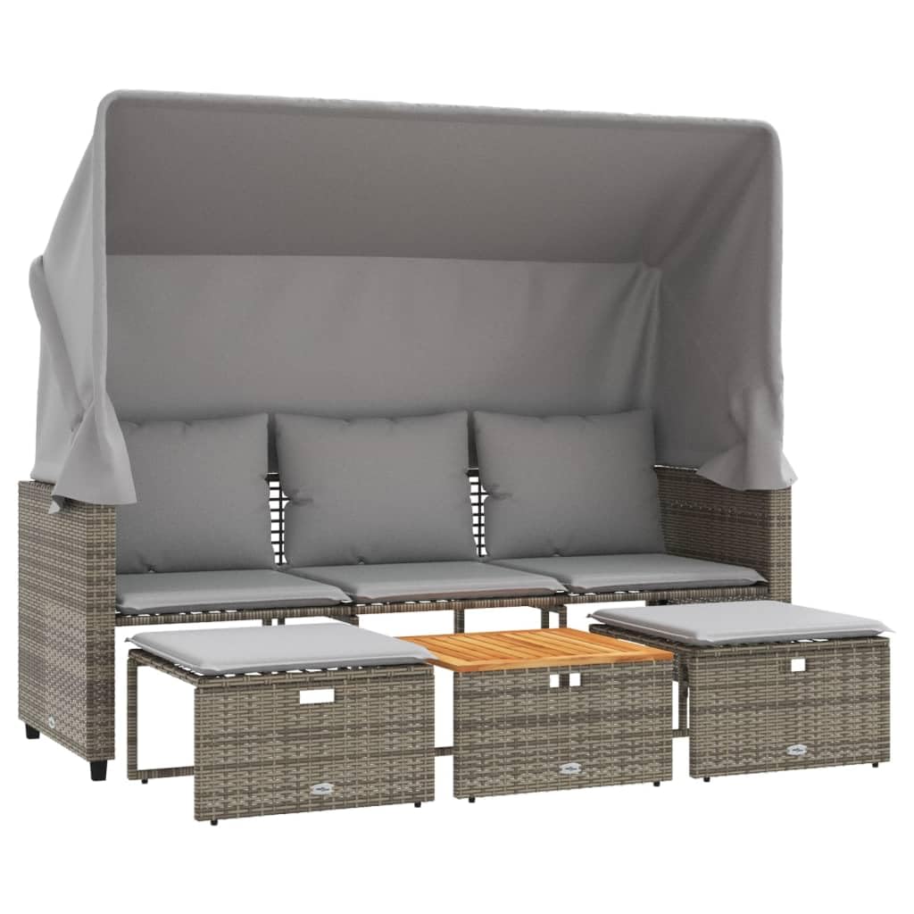 3-osobowa sofa outdoorowa z wysuwanym dachem, 2 taborety i stół, zestaw mebli ogrodowych z szarego polirattanu, odporna na działanie promieni UV, odporna na warunki atmosferyczne, na taras