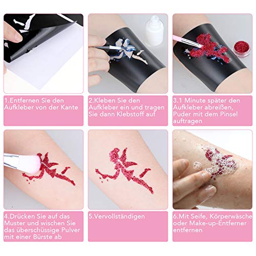 Lictin Glittertattooset tijdelijke tattooset make-up lichaam glitter met 24 glittertubes 117 sjablonen, nieuwe glittertattooset voor kinderen en volwassenen - Image 4