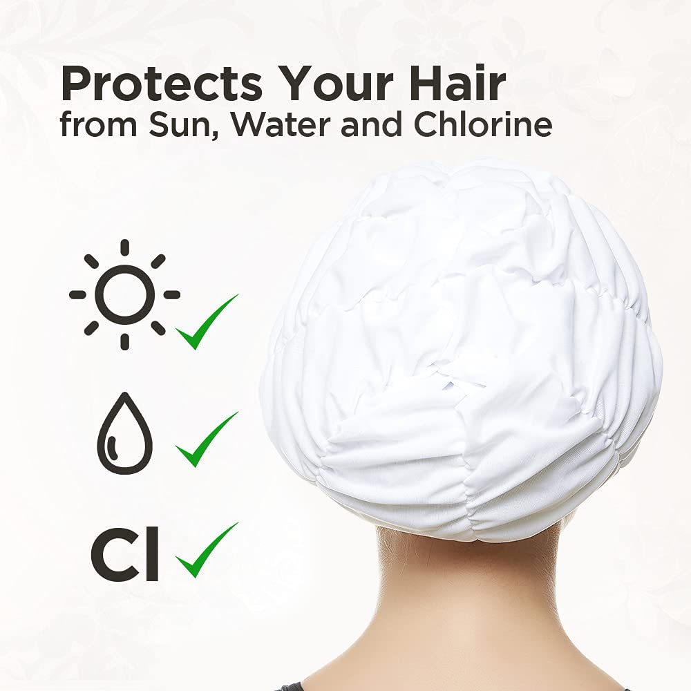 Beemo Women’s Shower Cap – Shirred Retro Bathing Swim Turban - White