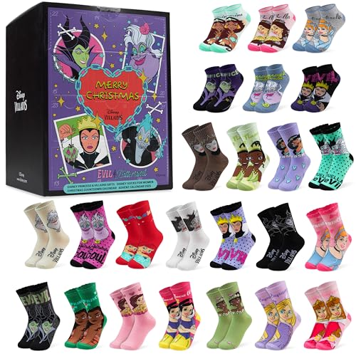 Get Trend Disney Princess & Villains Calendario Adviento 2025 con Calcetines Adolescentes Chica Mujer, 24 Pares de Calcetines Transpirables, 36-41 (Multi Princess/Villains)