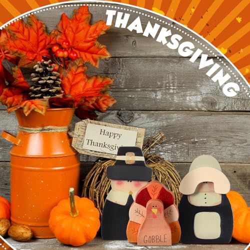 Colingmill JYI-COLINGMILL-0135 3 Pcs Fall Thanksgiving Decorations Fall Thanksgiving Wooden Turkey Pilgrim Couple Table Sign Thanksgiving Standing Tabletop Turkey Decor thumb #5