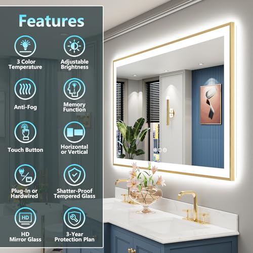 Image of 66x36 Gold LED Bathroom Mirror with Lights, Backlit & Front Lit | Brushed Gold Framed, Anti-Fog Lighted Vanity Mirror, Dimmable, 3-Color Temp, Memory, CRI95, HD Tempered Glass, UL Listed