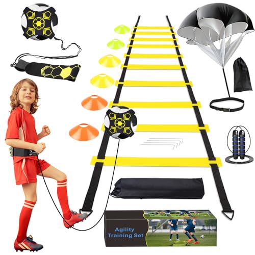 YGORTECH Fussball Trainingszubehör Koordinationsleiter Fußball Trainingsset mit 6 m Trainingsleiter 6 x Kegel, Fußball-Kicktrainer, Springseil,Widerstands-Fallschirm Geschenke für Kinder