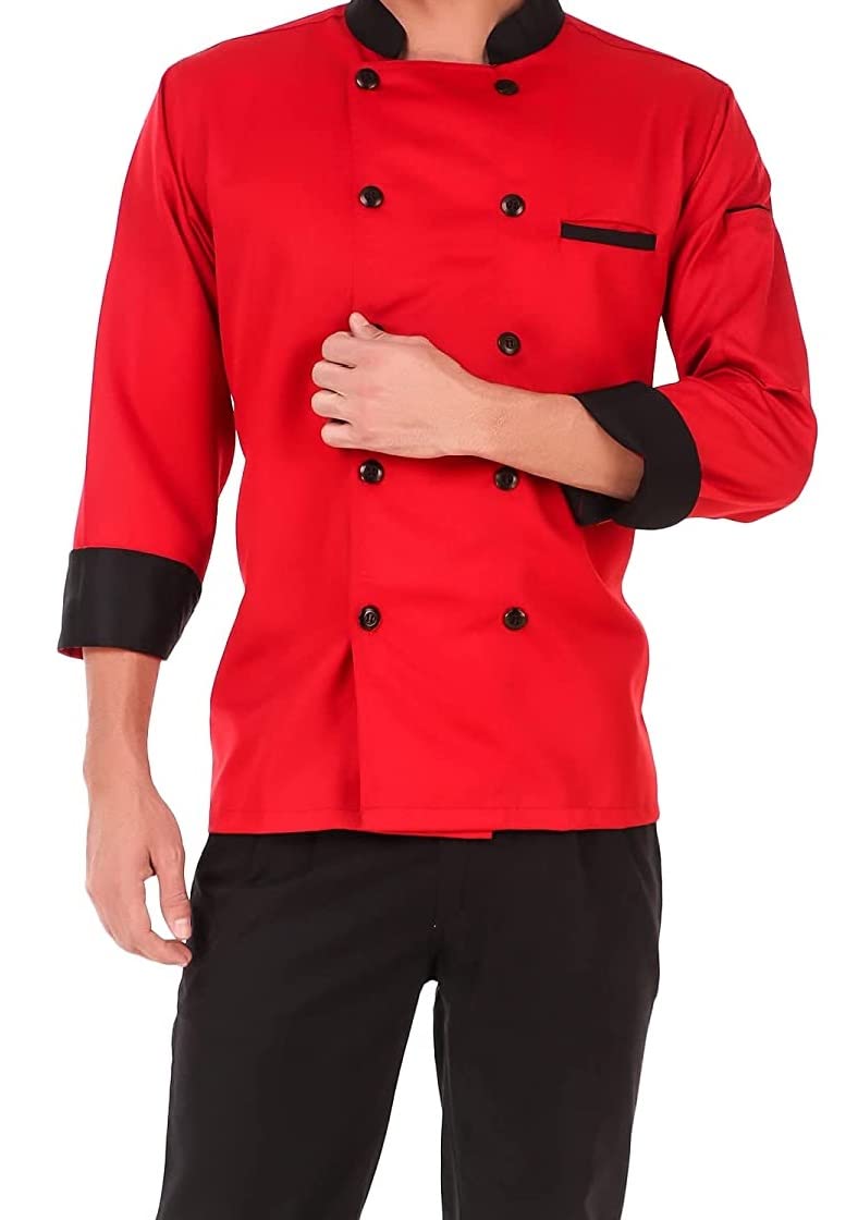 Men's and Women's Red Chef Coat Black Collar,Poly-Cotton