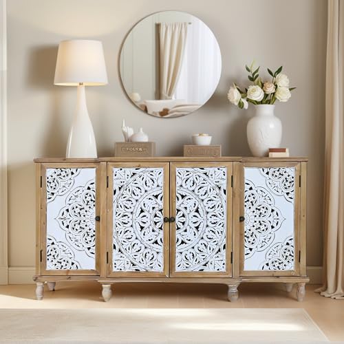Image of Solid Wood Frame Farmhouse Buffet Cabinet, Antique White Carved 4-Door Shabby Chic Sideboard with Storage for Dining Room, Vintage Decorative Storage Console