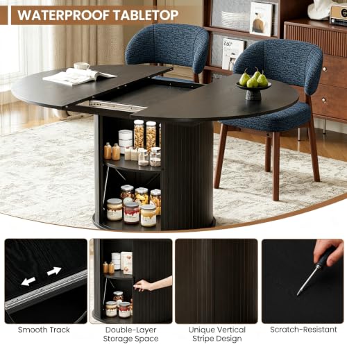 Image of MALOL 47 inch-63 inch Extendable Round to Oval Dining Table Chairs Set for 4-8, Modern Wooden Kitchen Table and Chairs with Hidden Storage and Fluted Design for Dining Room /Small Space(Black and Dark Blue)
