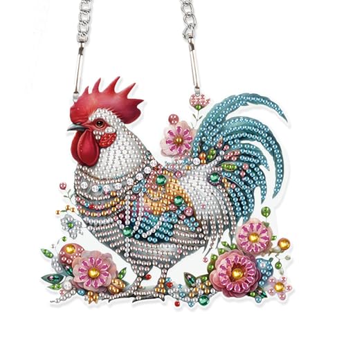 Image of 5D DIY Diamond Painting Pendant Kit - Rooster with Floral Design, Handmade Acrylic Diamond Art Hanging Ornament for Wall Window Home Decoration and Gift