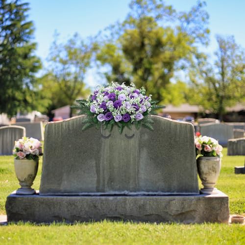 Headstone Flower Saddle, 26x14 Inch Silk Cemetery Flowers for Grave, Lifelike Purple Rose Grave Decorations for Cemetery Flowers for image 3