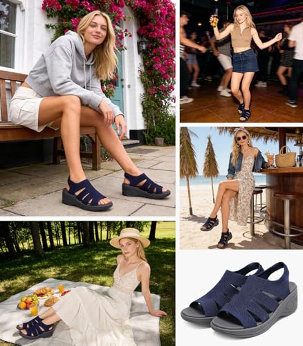 Image of Womens Wedge Sandals Platform Walking Sandals Open Toe Ankle Elastic Strap Casual Comfortable Summer Dressy
