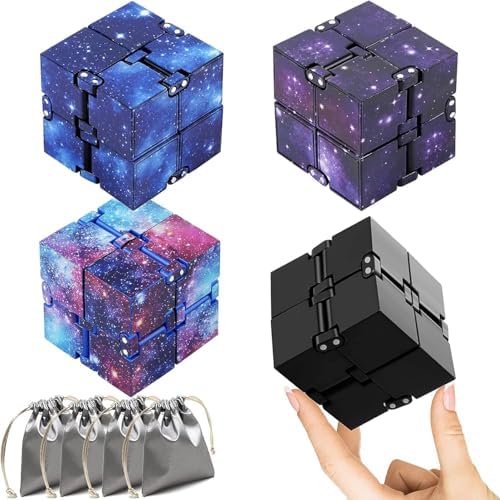 ZCOINS 4 Packs Infinity Cube Fidget Toys for Adults and Teens, Sensory Toys Anxiety Relief Desk Toys for ADD/ADHD/OCD (3 Galaxy Space 1 Black with 4 Bags)