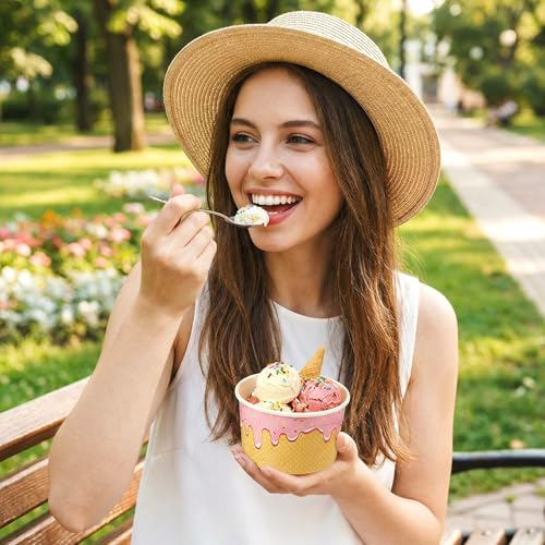 Image of Jingmore 80 Count Paper Ice Cream Cups with Clear Dome Lids Disposable Dessert Cups Bulk Dessert Bowls Sundae Containers for Snack Yogurt Soup Birthday Ice Cream Party Supplies (8 oz)