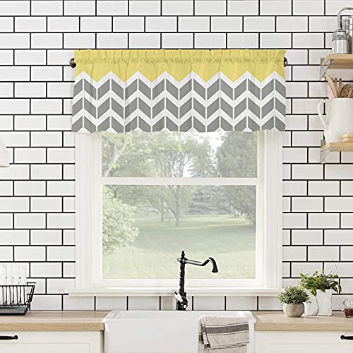Beauty Decor Rod Pocket Curtain Valances Tiers - Top Room Darkening Chevron Printed Geometric Yellow Grey Window Tier Sheer Light Reducing Drapes For Kitchen/Bedroom, 54X18 Inch #TOP3