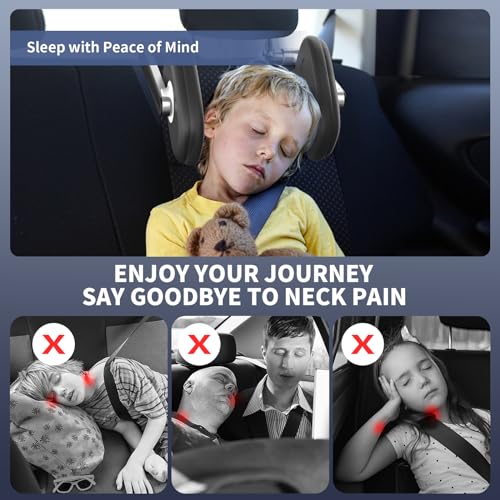 Image of DHOUSE Car Headrest Pillow, Adjustable Head Neck Support Pillow, Travel Sleeping L Shaped Design for Kids and Adults, Only Suitable for Car Seat Headrest with Poles, Black