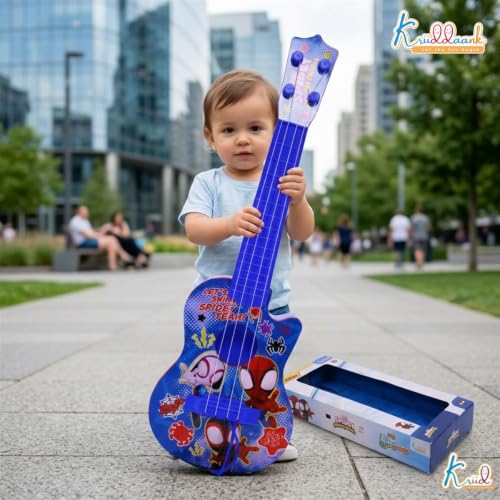 Image of Spiderman 4-String Small Toy Guitar for Kids (3+ Years) - Adjustable String Tension, Fingerstyle Tab & Pick | Educational Musical Instrument | Gift for Boys| Portable & Safe Design, Blue