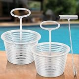 Saillong 2 8' Skimmer Replacement Basket 2 Skimmer Basket Handle 1 Silver Stainless Steel Hook, Universal Pool Skimmer Basket with Handle for Pool Debris Removal, Keep Hands Clean (White, White)
