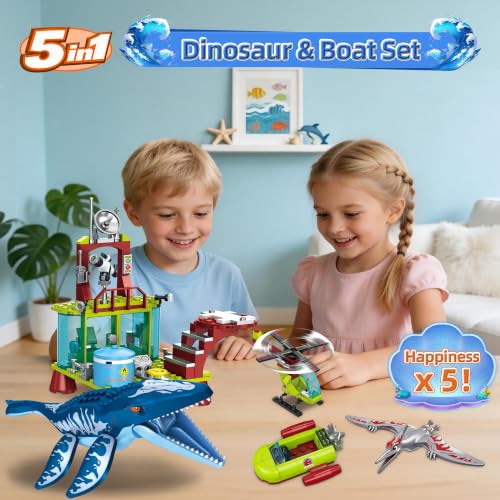 Image of Ocean Explorer Mosasaurus Dinosaur Building Set Compatible with Dinosaur Park World, Include Mosasaurus, Pterosaur, Boat, Helicopter, Research Station, Dino Toys Gift for Kids Boys Age 6-12