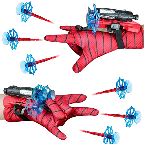 WAIMXDAO Lot de 2 Gant de Lanceur Spiderman,Gant de Cosplay en Plastique,Jouets de Poignet Lanceur de héros,Jouets de Poignet de Lanceur d'araignée,2 Lanceur + 6 fléchettes à Ventouse + 2 Gant