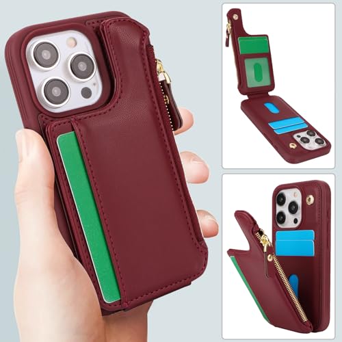 Image of Cavor for iPhone 13 Pro Case with Card Holder,for iPhone 13 Pro Wallet Case for Women Men,Leather Magnetic Clasp Zipper Pocket Protective Phone Cover-Wine red