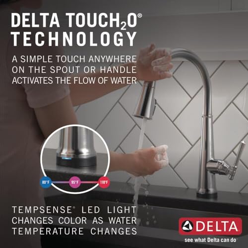 Image of Delta Faucet Emmeline Touch Kitchen Faucet Brushed Nickel, Kitchen Faucets with Pull Down Sprayer, Kitchen Sink Faucet, Delta Touch2O Technology, Lumicoat Arctic Stainless 9182T-AR-PR-DST