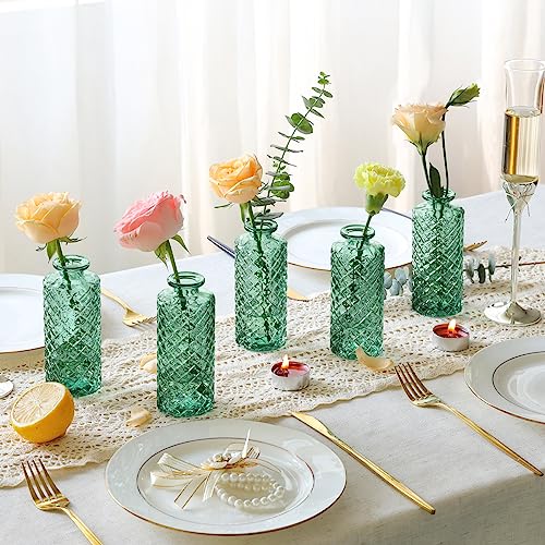Comsaf Glass Bud Vases Set Of 6, Small Diamond Bud Vases In Bulk, Mini Flowers Vases For Centerpieces, Vintage Bottle For Table Decorations, Wedding Decor, Recepetion, Home, (Green) #TOP1