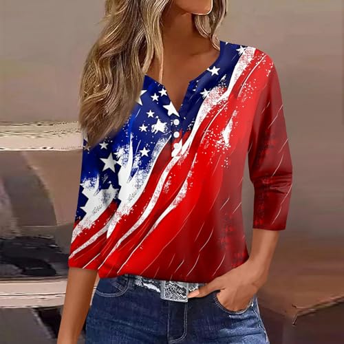 Image of 4th of July Shirts Women 3 /4 Length Sleeve Womens Tops Henley Neck Casual Patriotic T Shirts