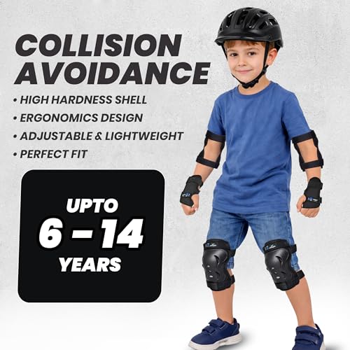 Image of Jaspo Tyro Complete Protective Gear Set for Kids | Helmet with Knee Pads, Elbow Pads & Wrist Guards for Skating, Cycling & Skateboarding(Black) (6-14 Years)