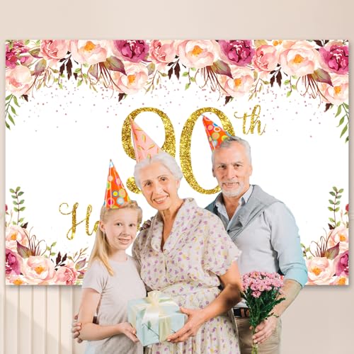 5x3Ft Happy 90th Birthday Backdrop for Women Floral Rose Happy Birthday Banner Decorations for Women Gold Glitter Boken Spots Photography Background Party Cake Table Decorations Photoshoot Banner