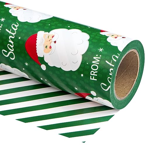 RUSPEPA Papel De Regalo Navideño Reversible - Mini Rollo - 43,2 Cm X 10 M - Diseño De Rayas Y Papá Noel Verde para Navidad, Vacaciones, Celebración De Fiestas