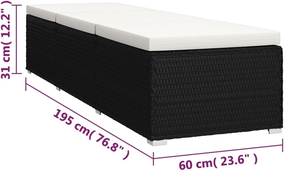Dimensions of the vidaXL Patio Lounge Chair: 195 cm (76.8 inches) length, 60 cm (23.6 inches) width, 31 cm (12.2 inches) height.