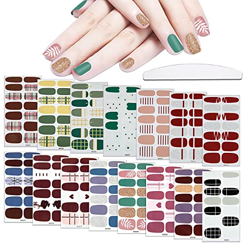 WOKOTO 15 Sheets Adhesive Nail Art Polish Stickers Strips Set with 1Pc Nail File Solid Color Full Wraps Nail Decals Tips Manicure Design