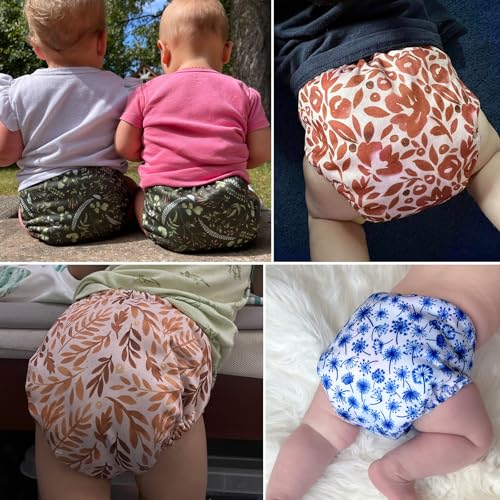 Mama Koala 3.0 Cloth Diapers for Babies with Suede Cloth Lining, 6 Pack with 6 Natural Diaper Inserts - Reusable Pocket Diapers (Neutral Leaves)