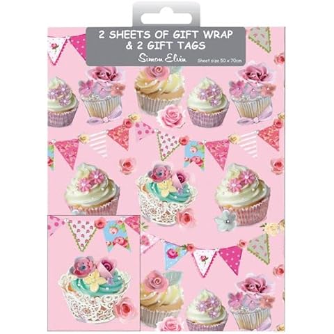 Wrapping Paper Birthday Wrapping Paper Gift Wrap 2 SHEETS & 2 Matching TAGS. 70cm x 50cm Cupcakes Women Ladies Female Girls Designer: Simon Elvin. Made in UK (Cupcakes Pink) Cover