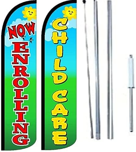 Now Enrolling and Child Care Flags Pack of 2 | 3 ft by 11.5 ft Business Outdoor Feather Flags with Hybrid Pole Set