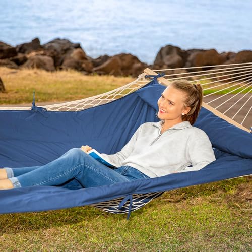 Image of SUNCREAT Hammocks Outdoor Double Hammock with Hardwood Spreader Bar, Heavy Duty Cotton Rope Hammock with Polyester Pad, Dark Blue