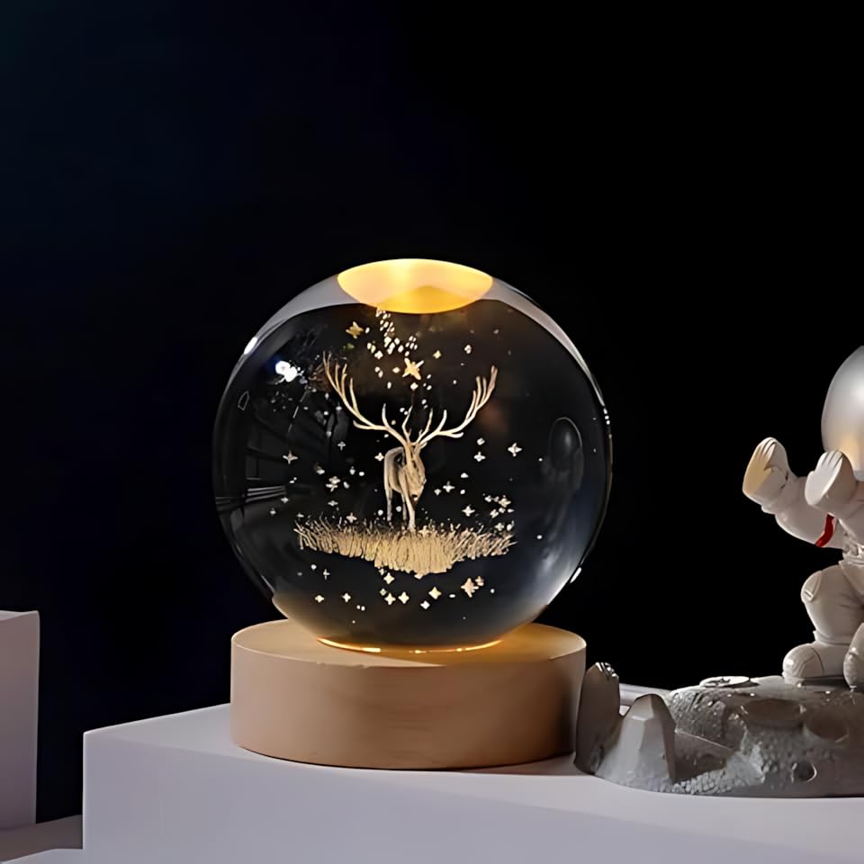 Image of 3D Crystal Ball Night Light with Wooden Base, Aesthetic Clear LED Lamp for Home and Bedroom Touch Switch, Warm Light for Kids and Teens Perfect Birthday & Anniversary (3D Deer Lamp)