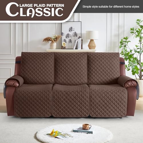 Image of KinCam Waterproof Recliner Sofa Cover, Non-Slip Reclining Couch Covers for 3 Seat, Recliner Couch Cover Furniture Protector with Elastic Straps for Pets, Kids, Deep Brown