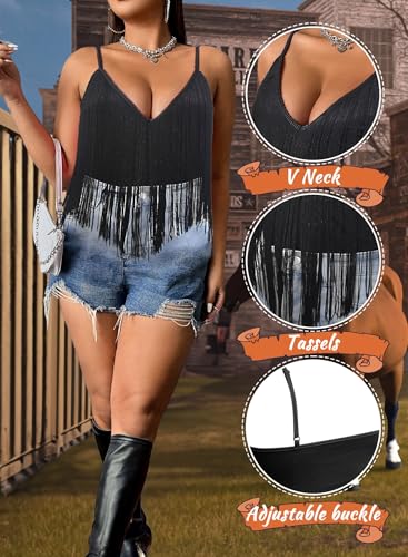 Plus Size Cowgirl Fringe Tops for Women - Western Country Concert Outfit Festival Tank Tassel Boho Rodeo Cami Shirt3