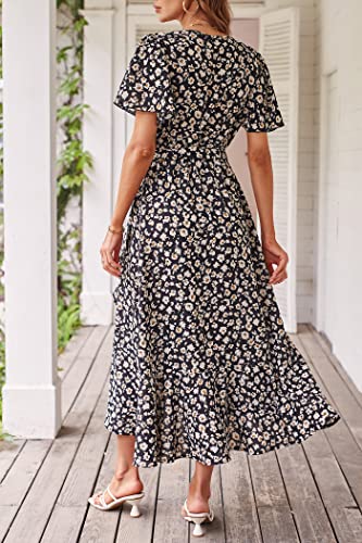 PRETTYGARDEN Women's Summer Floral Boho Maxi Dress Wrap Short Sleeve V Neck Ruffle A-Line Flowy Wedding Guest Long Dresses