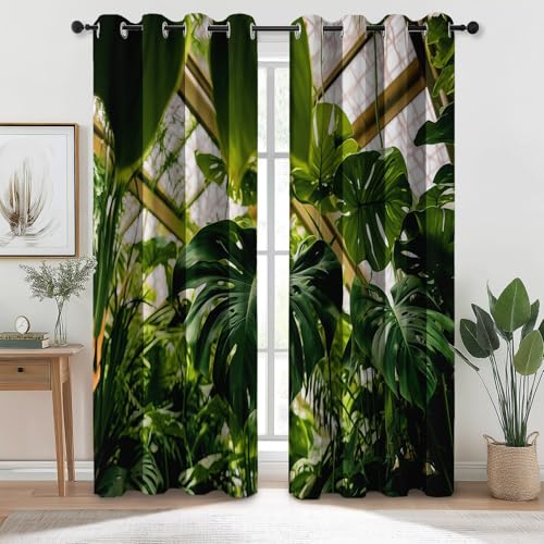 Cortina Opaca Plantas Minimalistas Hojas, Cortinas con Ojales y Aislamiento térmico para Ventanas de Sala de Estar y Dormitorio 140An x 245Al cm (2 Paneles), Verde